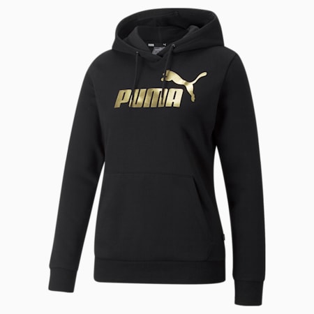 Essentials+ Metallic Logo Hoodie Damen, Puma Black-Gold Foil, small