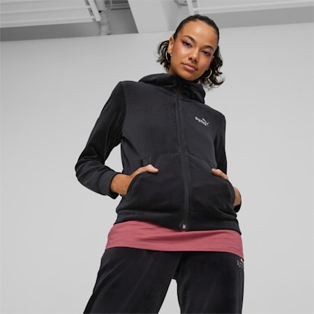 Essentials+ velours hoodie met rits voor dames, Puma Black, small