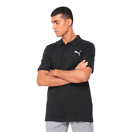 Essential Short Sleeve Men's Polo Shirt, Cotton Black-_Cat, small-IND