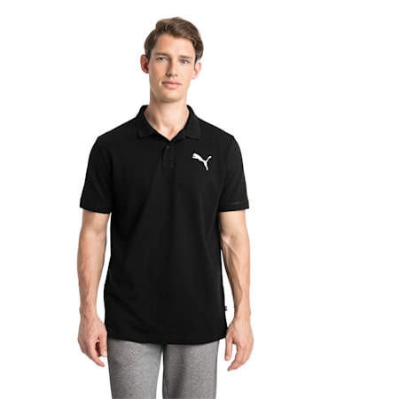 Essential Short Sleeve Men's Polo Shirt, Cotton Black-_Cat, small-SEA