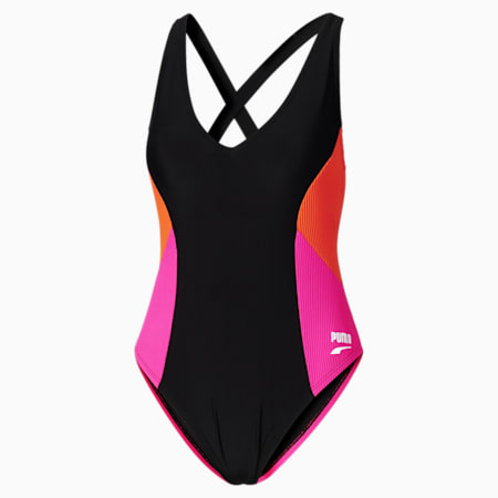 One Piece Mixed Media Women's Swimsuit , BLACK / PINK, small