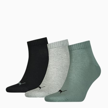 PUMA Unisex Quarter Plain Socks 3 pack, black / grey / green, small