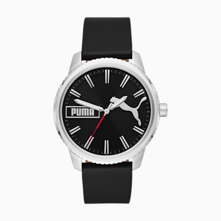 PUMA Ultrafresh Three-Hand Black Leather Watch, Silver, small