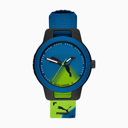 PUMA Reset Solar Blue and Green Nylon Watch, Black, small