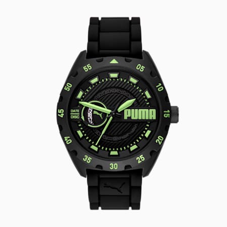 Montre en silicone noir à trois aiguilles PUMA Street V2, Black/Green, small