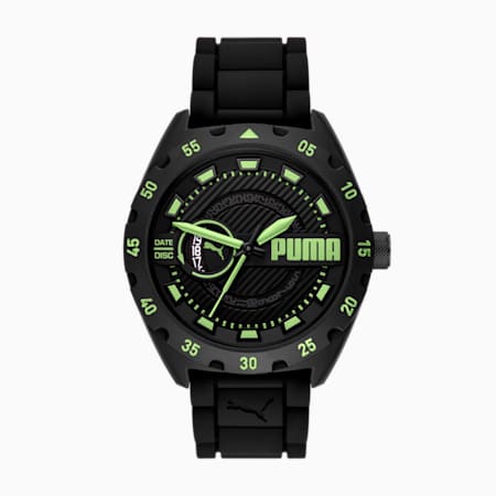 Puma Street V2 Three-Hand Date Black Silicone Watch, Black/Green, small