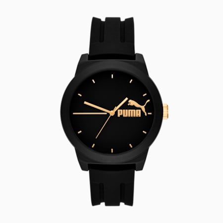 Puma 5 Three-Hand Black Silicone Watch, Black/Gold, small