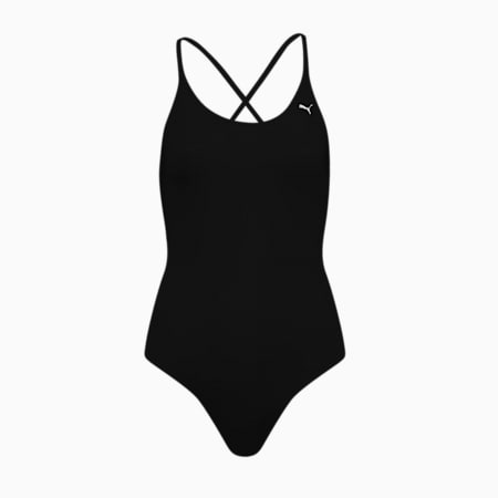 PUMA Swim Women's V-Neck Cross back Swimsuit, black, small