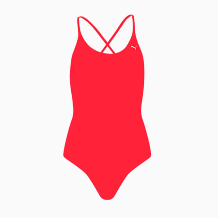 PUMA Swim Women's V-Neck Crossback Swimsuit, red, small-SEA
