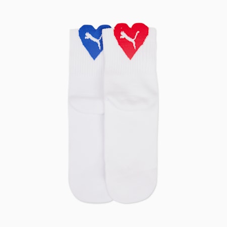 Lot de 2 paires chaussettes courtes motif cœur pour femme PUMA, white / blue / red, small