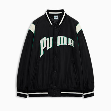 포 더 팬베이스 바시티 자켓<br>FOR THE FANBASE Varsity Jacket , Puma Black-Sugared Almond-Archive Green, small-KOR