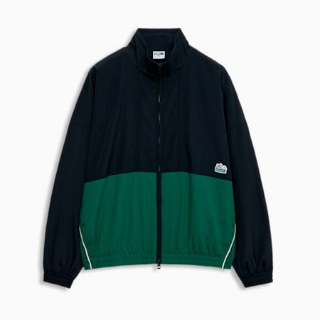 포 더 팬베이스 슈퍼 푸마 우븐 자켓<br>FOR THE FANBASE Super Puma Woven Jacket, Puma Black-Archive Green, small-KOR