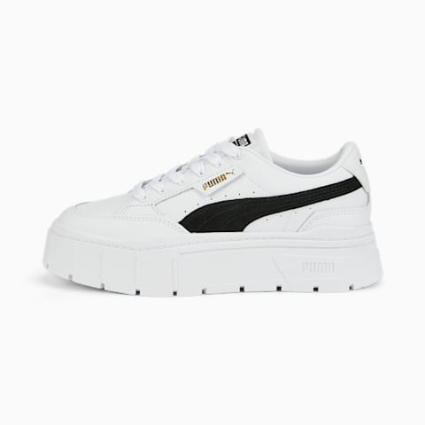 Tenis Puma para mujer con plataforma blancos, negros y leopardo.