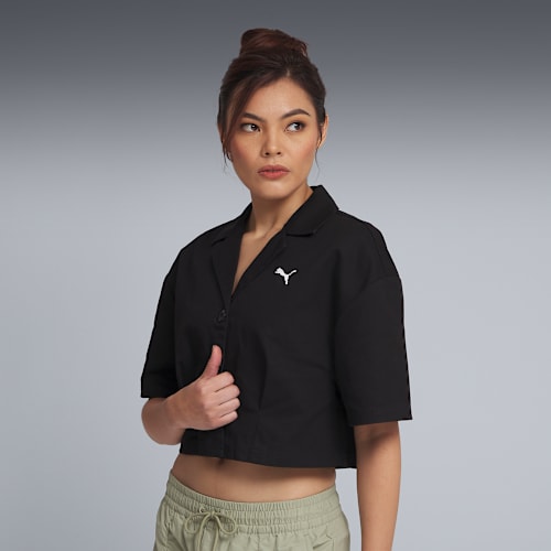 Wardrobe Essentials Cropped Shirt Woven Women, PUMA Black, medium-SEA