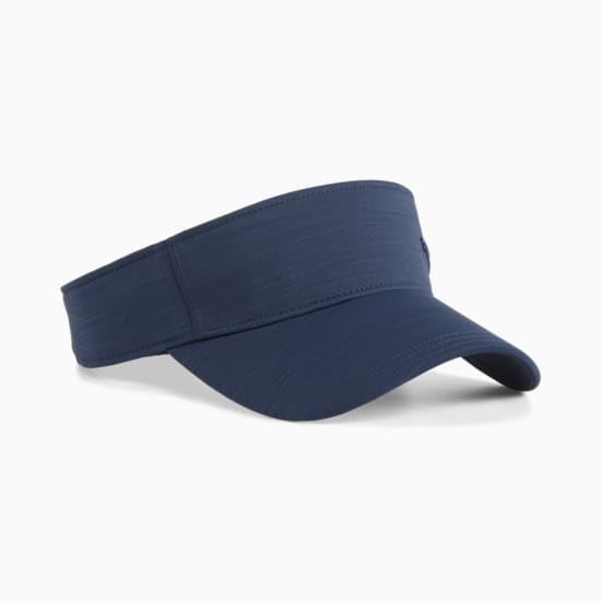 Navy PUMA visor, adult size, with a curved peak and textured fabric finish.
