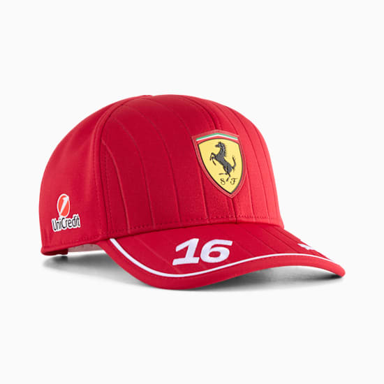 Red PUMA cap with Ferrari logo, number 16 and UniCredit logo on the side.