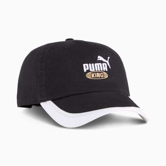 Black PUMA cap with white logo embroidery and white-trimmed brim.