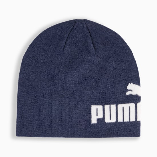 Navy PUMA beanie with white logo and text detail.