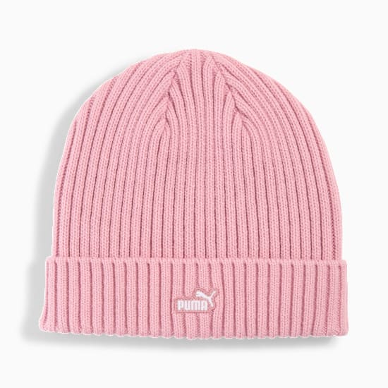 Pink PUMA knitted beanie hat for adults, featuring a ribbed texture and logo detail.
