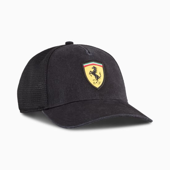 Black PUMA cap, adult, featuring a Ferrari logo and mesh back.