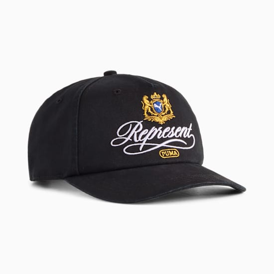 Black PUMA cap with 'Represent' script and crest detail on the front.