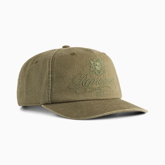 Olive PUMA baseball cap with embroidered 'Represent' script and crest detail.