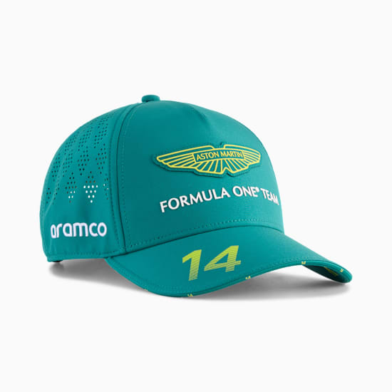 Turkusowa czapka PUMA z logo Aston Martin Formula One Team i numerem.