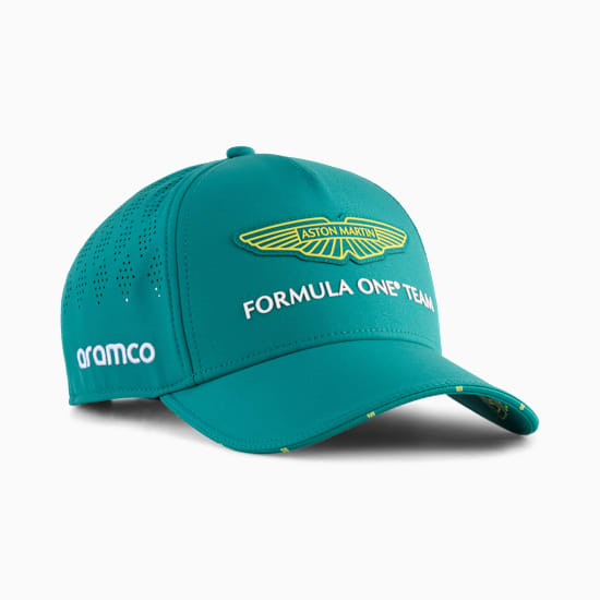 Zielona czapka PUMA z logo Aston Martin Formula One Team z przodu.