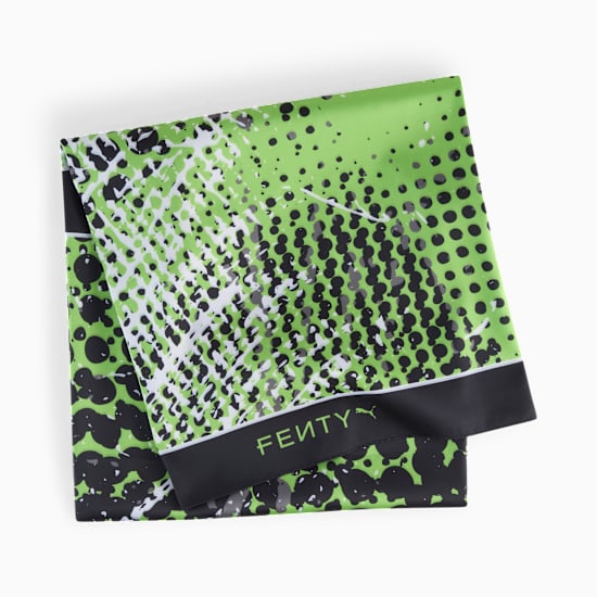 Green PUMA scarf with a black and white abstract pattern and the FENTY logo.