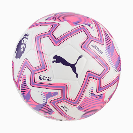 White PUMA ball with pink and purple pattern, Premier League logo and Puma logo.