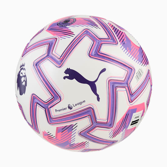 White PUMA football with purple and pink accents, and the Premier League logo.