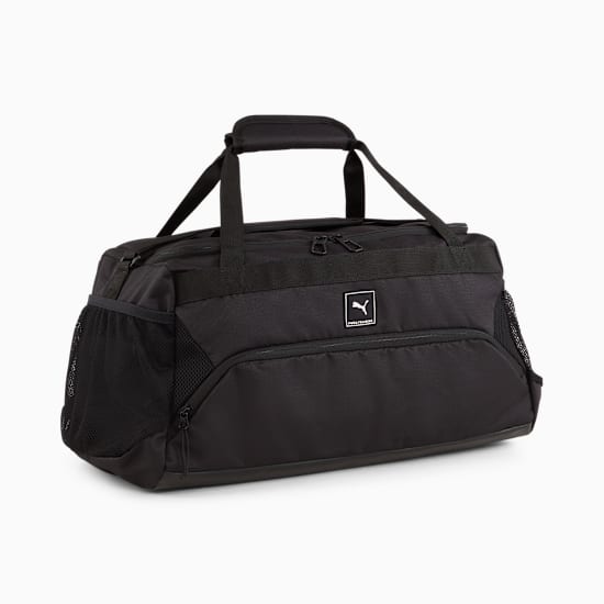Black PUMA training holdall with mesh side pockets and top carry handles.