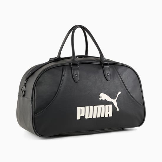 Black PUMA duffel bag with top handles and a white logo on the side.