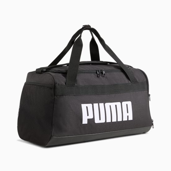 Black PUMA holdall with white logo, zip closure, and carry straps.