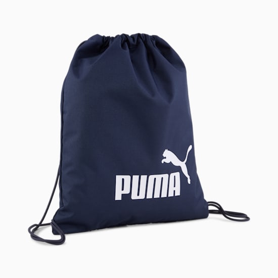 Navy PUMA gym sack with a drawstring closure and white logo.