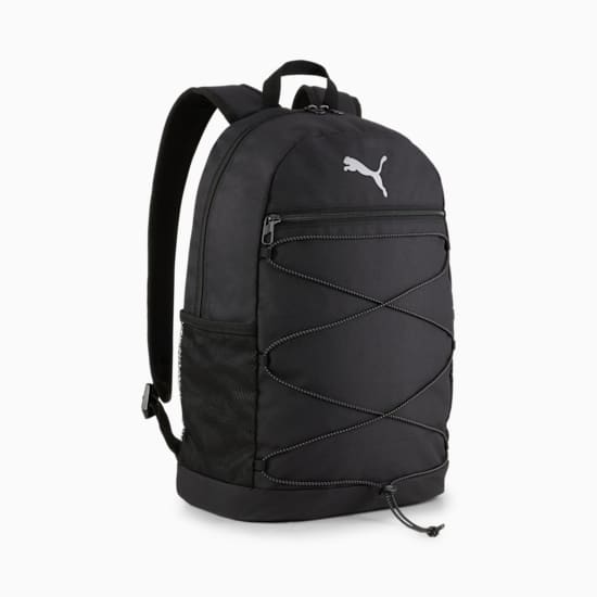 Black PUMA rucksack with white logo, zip pocket and bungee cord detail.