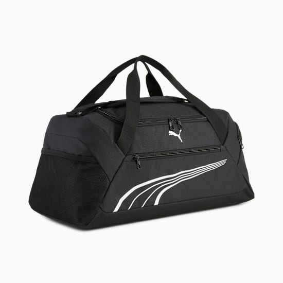 Black PUMA holdall with zip closures, carry straps and white stripe design.