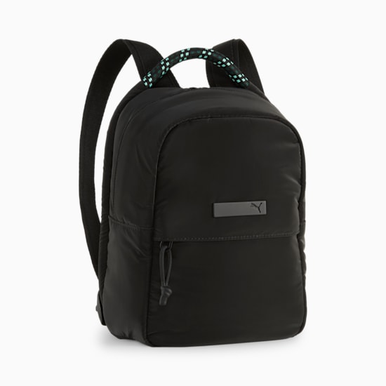 Black PUMA backpack with a front pocket and a patterned carry handle.