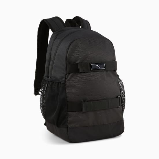 Black PUMA backpack with side mesh pockets and adjustable straps.