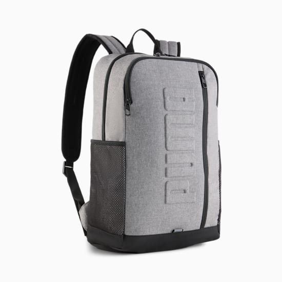 Grey PUMA rucksack with embossed logo, zip closures and mesh side pocket.