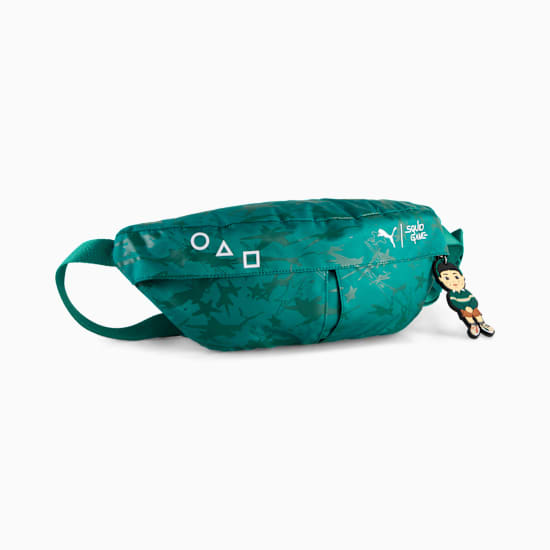 Green PUMA waist bag with 'Squid Game' details and a character keyring.