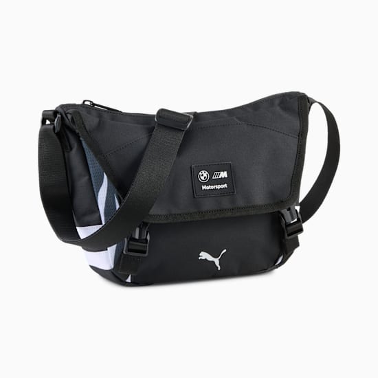 Black PUMA messenger bag with BMW Motorsport logo and adjustable strap.