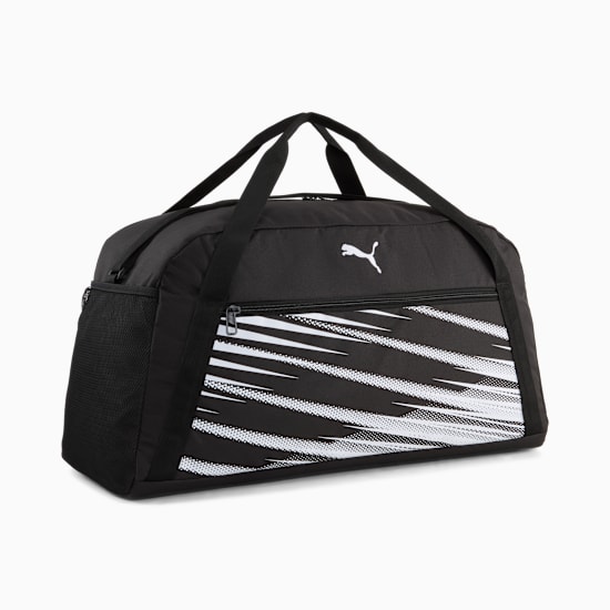 Black PUMA holdall with white stripe design and top handles.