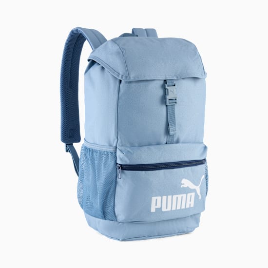 Light blue PUMA rucksack with a flap closure, buckle, front zip pocket and side mesh pocket.