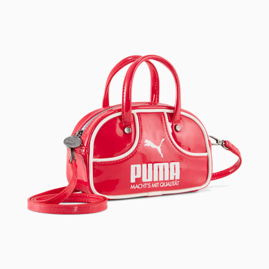 Red PUMA handbag, small size, with white trim, top handles and shoulder strap.