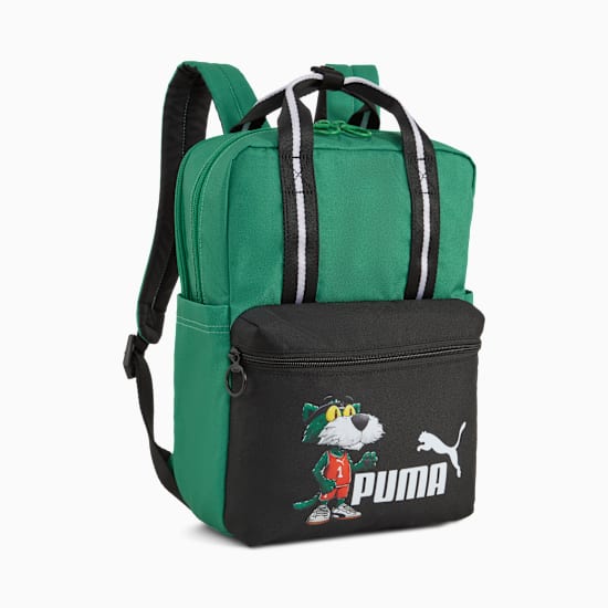 Green PUMA child's backpack with a cartoon cat and logo on a black pocket.