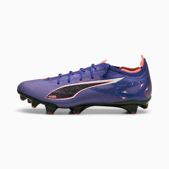Purple PUMA football boot featuring a black logo and coral detailing.