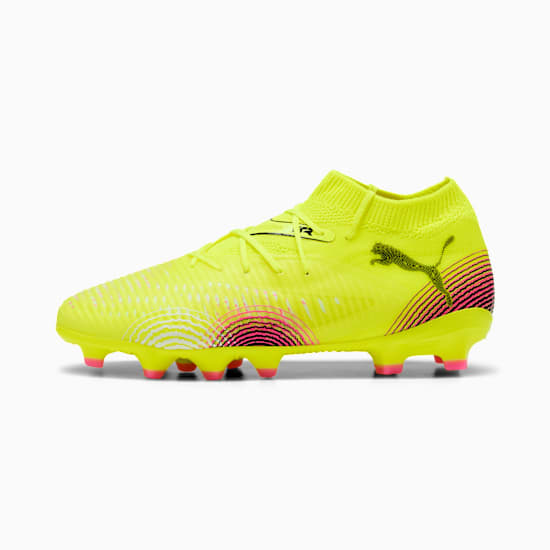 Yellow PUMA football boot with a sock-like upper and patterned sole.