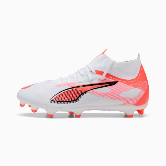 White PUMA football boot featuring coral accents and lace-up closure.