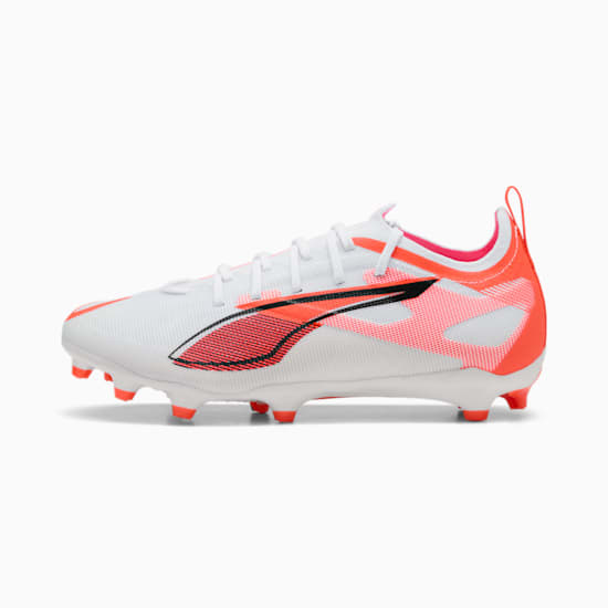 White PUMA football boot with coral and black details for adults.
